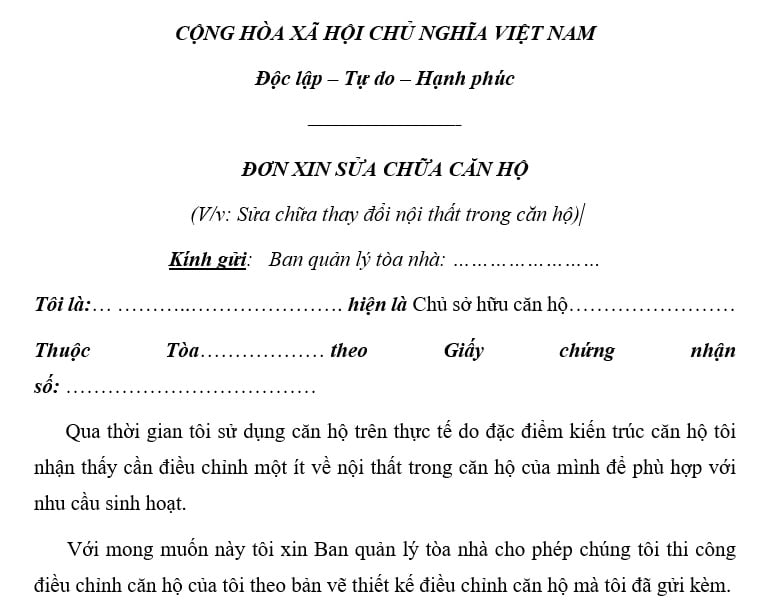 Mẫu đơn xin sửa chữa căn hộ chung cư chuẩn nhất hiện nay