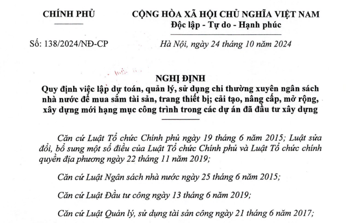 Nghị định  về sử dụng chi liên tục để mua sắm tài sản thiết bị