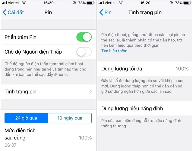 Tình trạng pin duy trì trên iphone